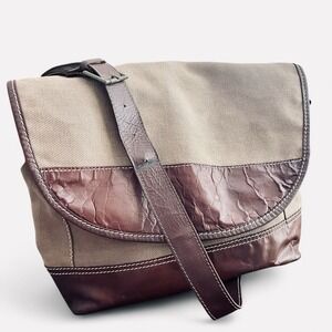 Lanidor Portugal Brown Buffalo Leather Canvas Messenger Bag Satchel‎ Crossbody